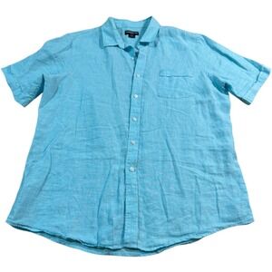 Claiborne Mens XL Turquoise Blue 100% Linen Short Sleeve Button Down Casual